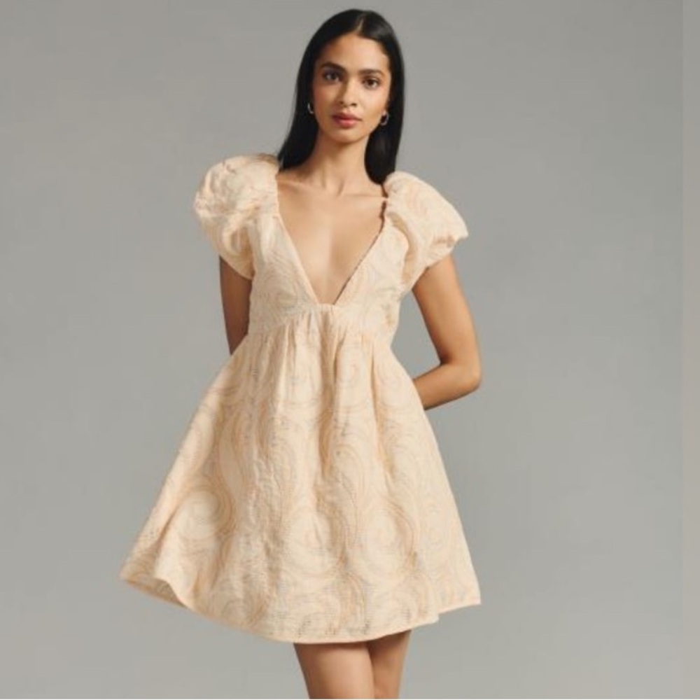 Anthropologie Peach Embroidered Puff Sleeve Mini Dress Size 8